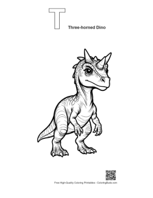 Thumbnail: Cute Baby Triceratops Standing Fiercely Printable Outline Alphabet T Three Horned Dino