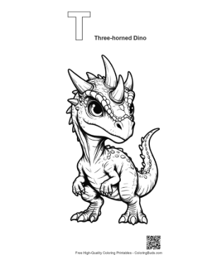 Thumbnail: Cute Baby Triceratops Standing Playfully Printable Outline Alphabet T Three-Horned Dino