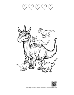 Thumbnail: Majestic Triceratops with Cute Dino Babies Printable and 5 Heart Outline