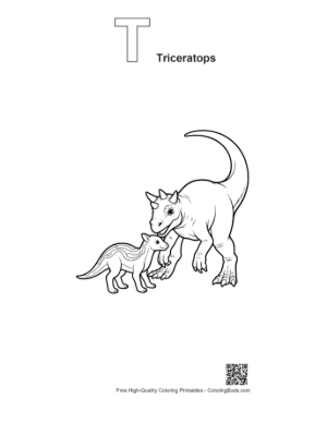 Thumbnail: Mama Triceratops Nuzzling Baby Dino Printable Outline Alphabet T Triceratops