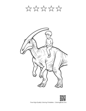 Thumbnail: Boy Joyfully Riding a Gentle Parasaurolophus Printable and 5 Star Outline