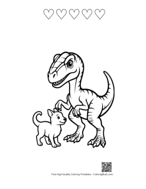Thumbnail: Fierce Velociraptor Dino with Cute Puppy Printable and 5 Heart Outline