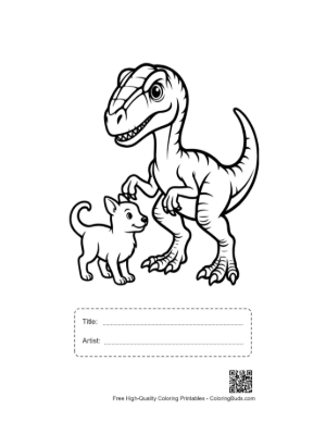 Thumbnail: Fierce Velociraptor Dino with Cute Puppy Printable with Title and Artist Box