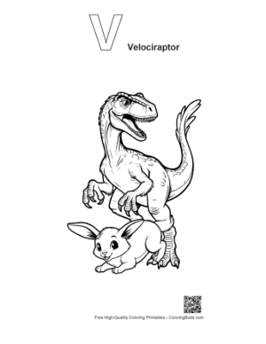 Thumbnail: Fierce Velociraptor Looming Over Cute Bunny Printable Outline Alphabet V Velociraptor