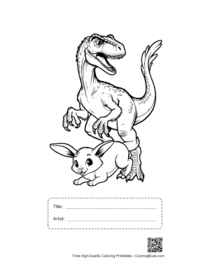 Thumbnail: Fierce Velociraptor Looming Over Cute Bunny Printable with Title and Artist Box