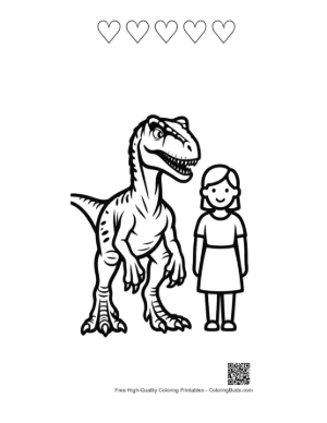 Thumbnail: Fierce Velociraptor Roars Beside Smiling Girl Printable and 5 Heart Outline