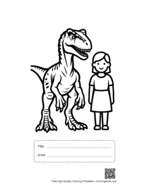Thumbnail: Fierce Velociraptor Roars Beside Smiling Girl Printable with Title and Artist Box