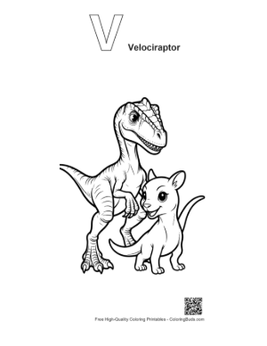 Thumbnail: Friendly Velociraptor and Cute Puppy Printable Outline Alphabet V Velociraptor