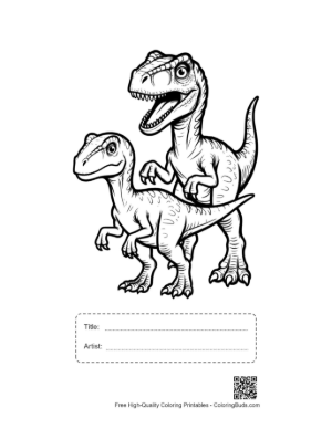 Thumbnail: Playful Velociraptor Duo Roaring Printable with Title and Artist Box