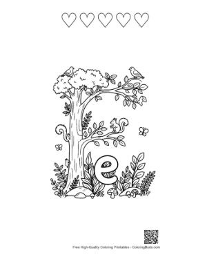 Thumbnail: Botanical Letter E with Blooming Flowers Printable and 5 Heart Outline