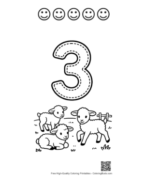 Thumbnail: Counting Number 3 Worksheet with Fluffy Lambs Printable and 5 Happy Face Outline