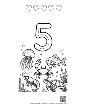 Thumbnail: Counting Number 5 Worksheet with Crabs and Turtles Printable and 5 Heart Outline
