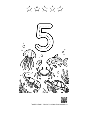 Thumbnail: Counting Number 5 Worksheet with Crabs and Turtles Printable and 5 Star Outline