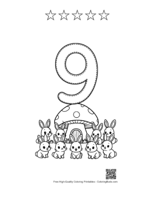 Thumbnail: Counting Number 9 Worksheet with a Family of Rabbits Printable and 5 Star Outline
