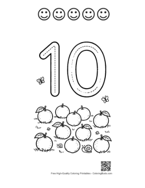 Thumbnail: Number 10 Tracing Page with Fresh Garden Fruit Printable and 5 Happy Face Outline