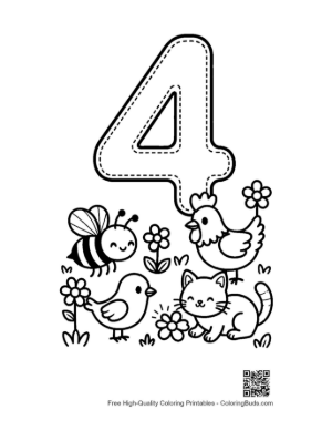 Thumbnail: Number 4 Coloring Sheet with a Chicken and Kittens Printable