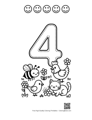 Thumbnail: Number 4 Coloring Sheet with a Chicken and Kittens Printable and 5 Happy Face Outline