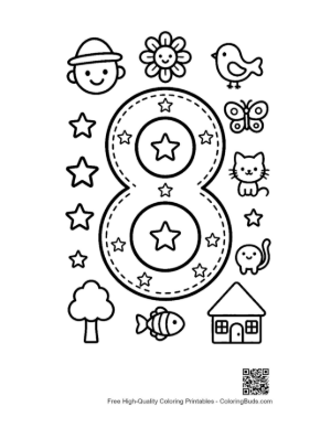 Thumbnail: Number 8 Coloring Page with a Sun and Outdoor Scene Printable