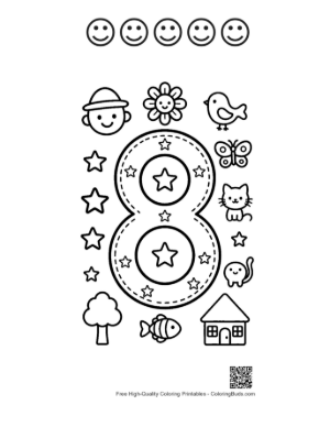 Thumbnail: Number 8 Coloring Page with a Sun and Outdoor Scene Printable and 5 Happy Face Outline