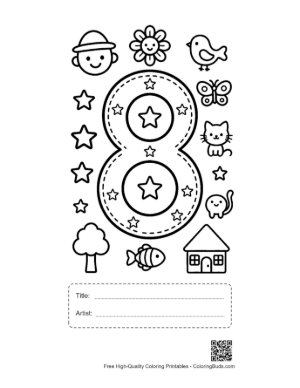 Thumbnail: Number 8 Coloring Page with a Sun and Outdoor Scene Printable with Title and Artist Box