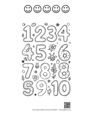 Thumbnail: Number Recognition 1-10 Coloring Page with Star Patterns Printable and 5 Happy Face Outline