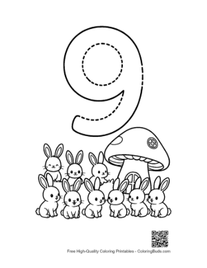 Thumbnail: Rabbit and Mushroom Number 9 Tracing Activity Printable