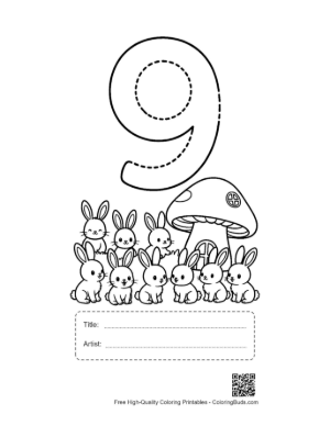 Thumbnail: Rabbit and Mushroom Number 9 Tracing Activity Printable with Title and Artist Box