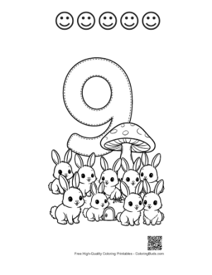 Thumbnail: Woodland Number 9 Coloring Page with Forest Animals Printable and 5 Happy Face Outline
