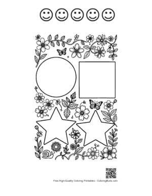 Thumbnail: Circle, Square, and Star Shapes in a Floral Garden Frame Coloring Page Printable and 5 Happy Face Outline