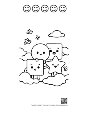 Thumbnail: Cute Shapes Sitting on Clouds in the Sky Coloring Worksheet Printable and 5 Happy Face Outline