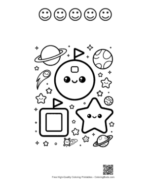 Thumbnail: Cute Space Shapes Characters with Planets and Cosmic Elements Printable and 5 Happy Face Outline