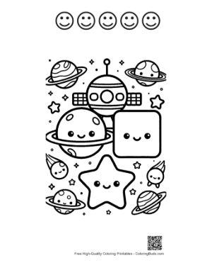 Thumbnail: Galaxy Themed Circle Square and Star Shapes Coloring Worksheet Printable and 5 Happy Face Outline