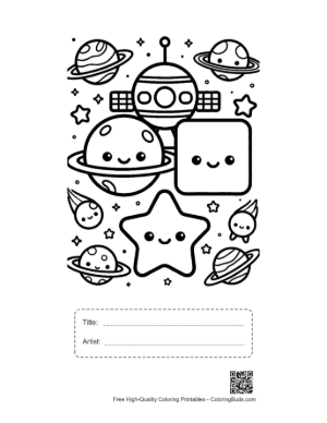 Thumbnail: Galaxy Themed Circle Square and Star Shapes Coloring Worksheet Printable with Title and Artist Box