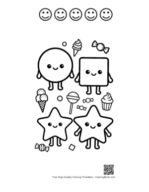 Thumbnail: Sweet Treats and Geometric Shapes Coloring Worksheet for Toddlers Printable and 5 Happy Face Outline