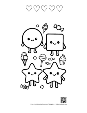 Thumbnail: Sweet Treats and Geometric Shapes Coloring Worksheet for Toddlers Printable and 5 Heart Outline