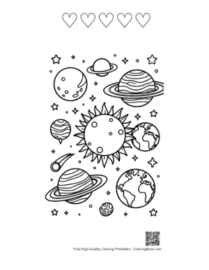 Thumbnail: Galaxy Pattern with Sun and Various Planets Printable and 5 Heart Outline
