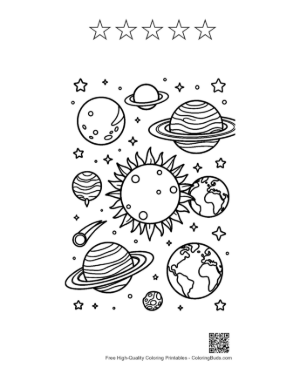 Thumbnail: Galaxy Pattern with Sun and Various Planets Printable and 5 Star Outline