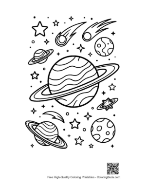 Thumbnail: Giant Ringed Planet Floating Among Shooting Stars Printable