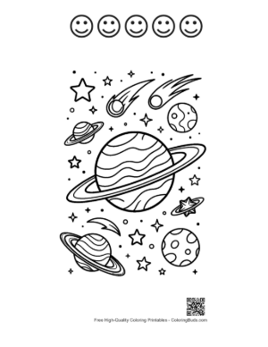 Thumbnail: Giant Ringed Planet Floating Among Shooting Stars Printable and 5 Happy Face Outline