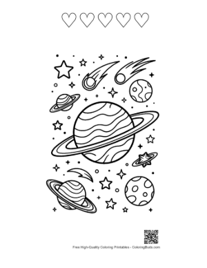 Thumbnail: Giant Ringed Planet Floating Among Shooting Stars Printable and 5 Heart Outline