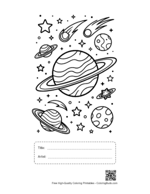 Thumbnail: Giant Ringed Planet Floating Among Shooting Stars Printable with Title and Artist Box