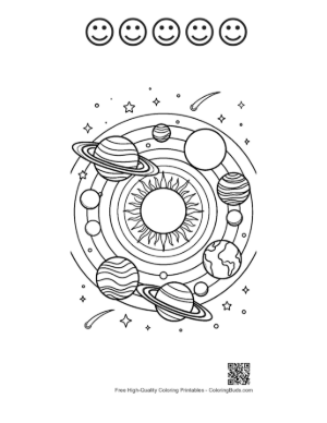 Thumbnail: Orrery Style Solar System with Star Background Printable and 5 Happy Face Outline