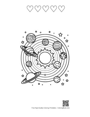 Thumbnail: Simple Space Scene with Sun and Orbiting Spheres Printable and 5 Heart Outline
