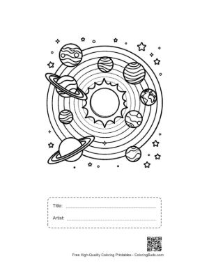 Thumbnail: Simple Space Scene with Sun and Orbiting Spheres Printable with Title and Artist Box