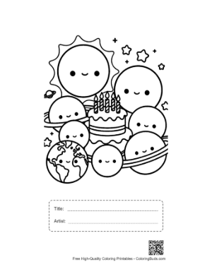 Thumbnail: Smiling Sun and Planets with Festive Decorations Printable with Title and Artist Box