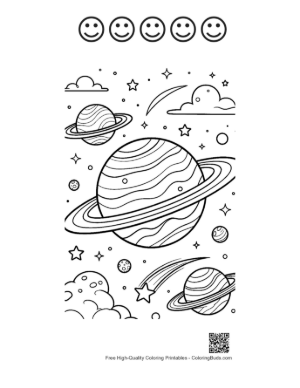 Thumbnail: Textured Planet with Orbit Rings and Cosmic Debris Printable and 5 Happy Face Outline