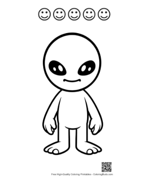 Thumbnail: Cute Little Green Alien Standing Smiling Printable and 5 Happy Face Outline