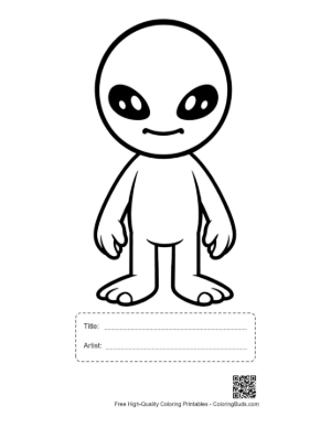 Thumbnail: Cute Little Green Alien Standing Smiling Printable with Title and Artist Box