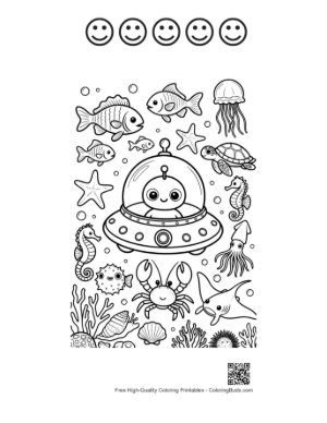 Thumbnail: Little Alien Swimming with Ocean Fish Printable and 5 Happy Face Outline