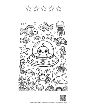 Thumbnail: Little Alien Swimming with Ocean Fish Printable and 5 Star Outline